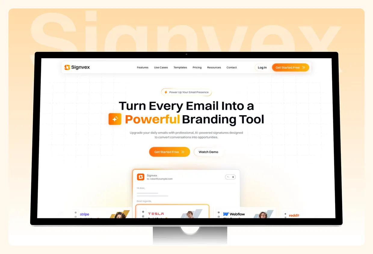 Signvex landing page on a desktop monitor, headline "Turn Every Email Into a Powerful Branding Tool".