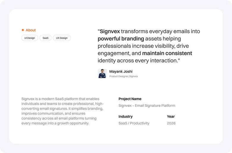 Signvex project summary board with a quote from the product designer, the project name and the industry.