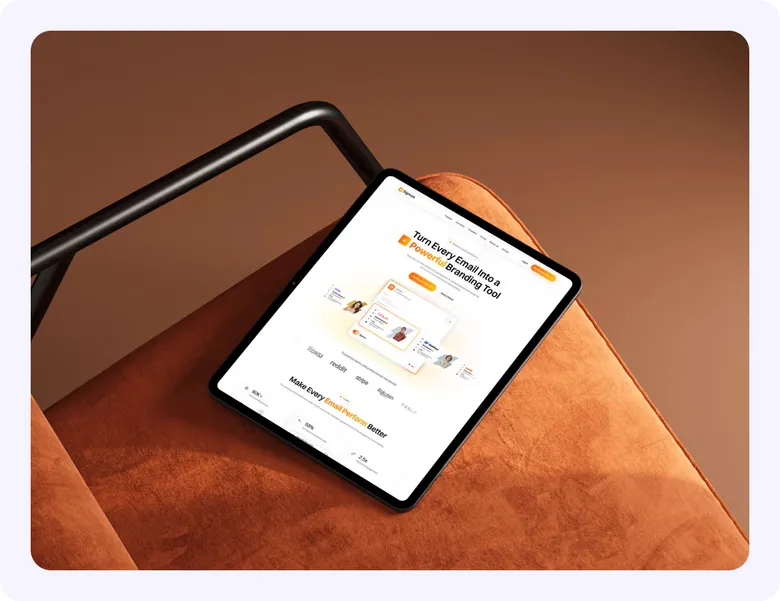 Signvex website on a tablet resting on an orange velvet chair.