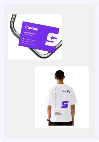 Purple Stockly business card and a man wearing a white Stockly T-shirt.