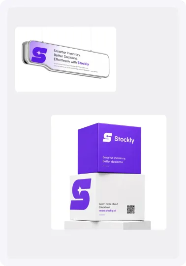Stockly branded boxes and a lanyard badge.