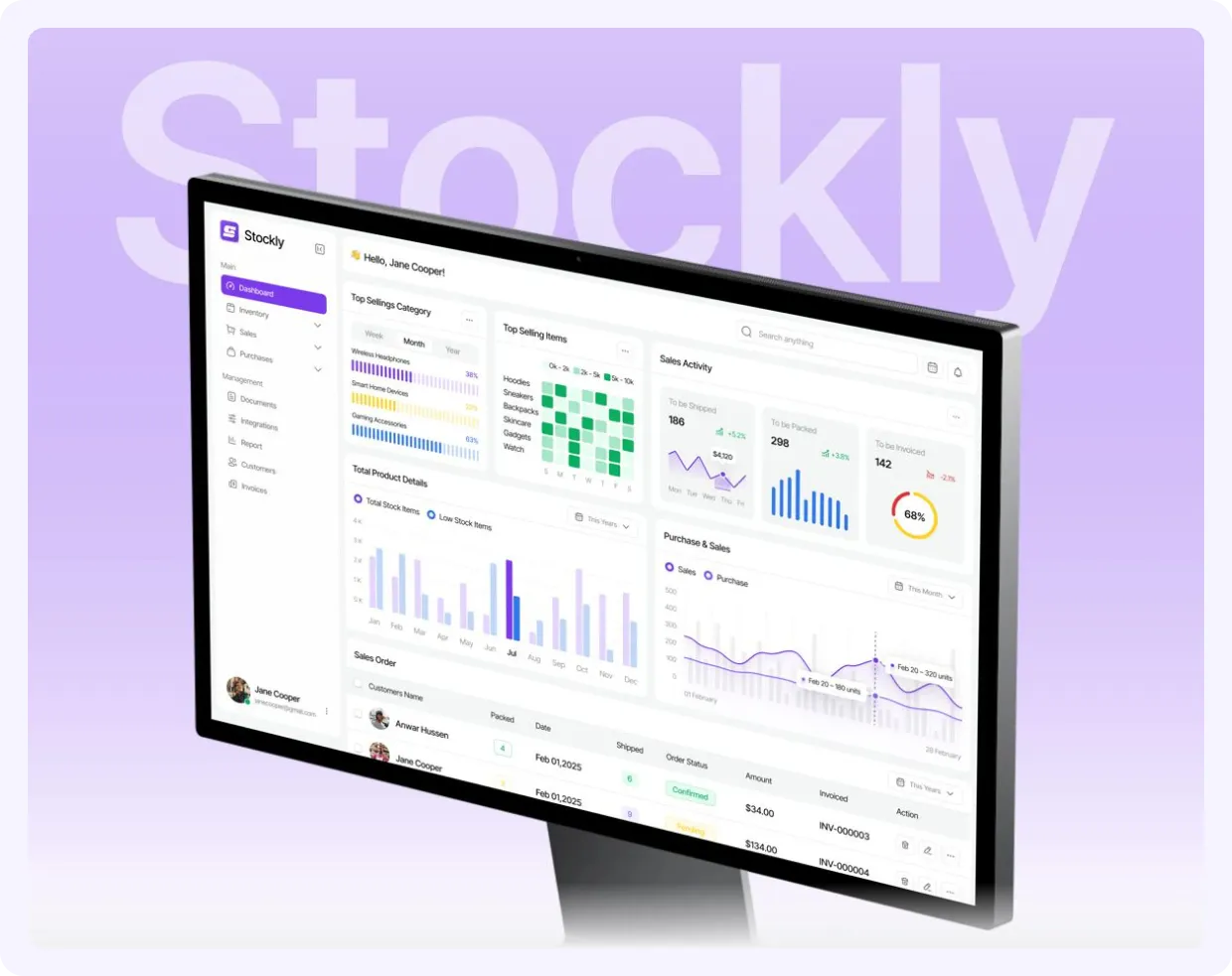 Stockly inventory dashboard with sales, stock charts and orders on a desktop monitor.