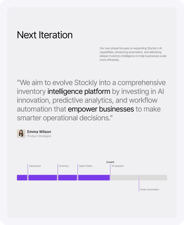 Next iteration board with a team quote and a roadmap bar.