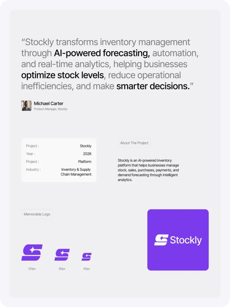 Stockly project summary board with a client quote, project details and the Stockly logo.