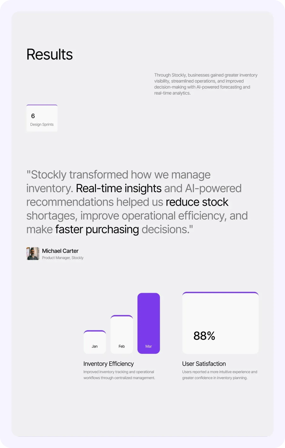 Results board with a client quote on inventory efficiency and user satisfaction charts.