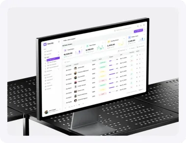 Stockly sales orders table on a monitor on a perforated metal desk.