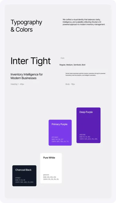 Stockly typography in Inter Tight with purple brand colours and card examples.