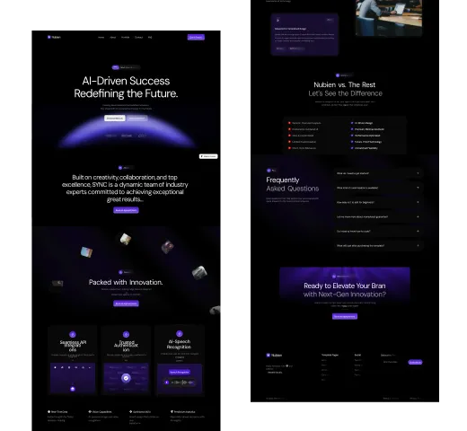 Two pages of a dark AI startup website built in Webflow
